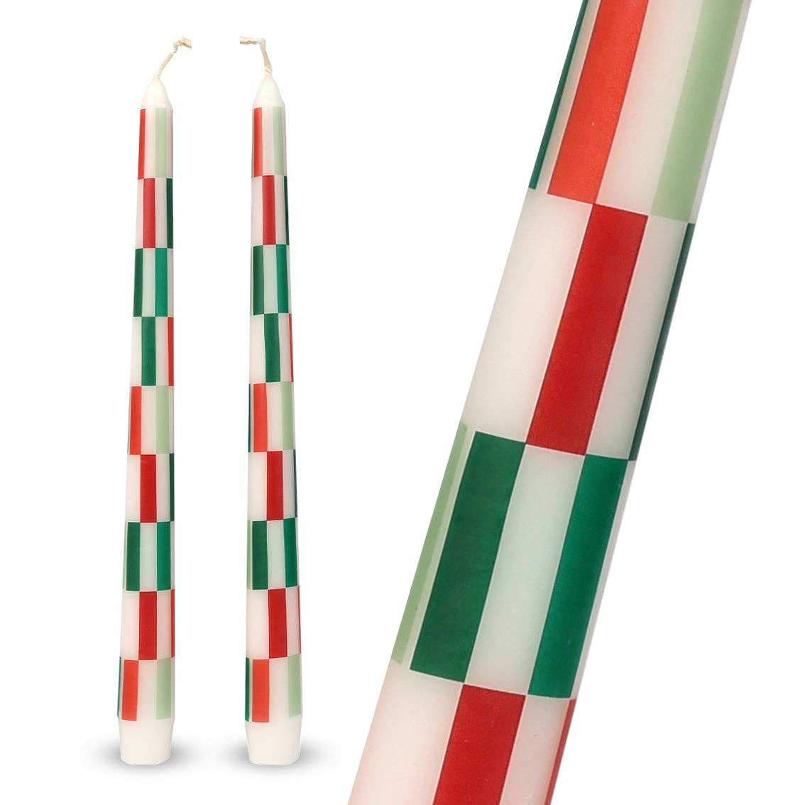Red & Green Check Dinner Candles - 2 Pack - Christmas Candles