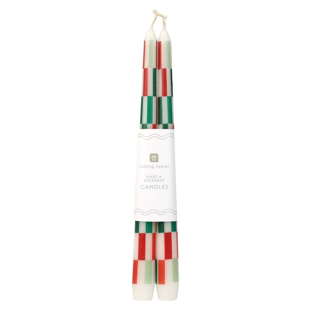 Red & Green Check Dinner Candles - 2 Pack - Christmas Candles