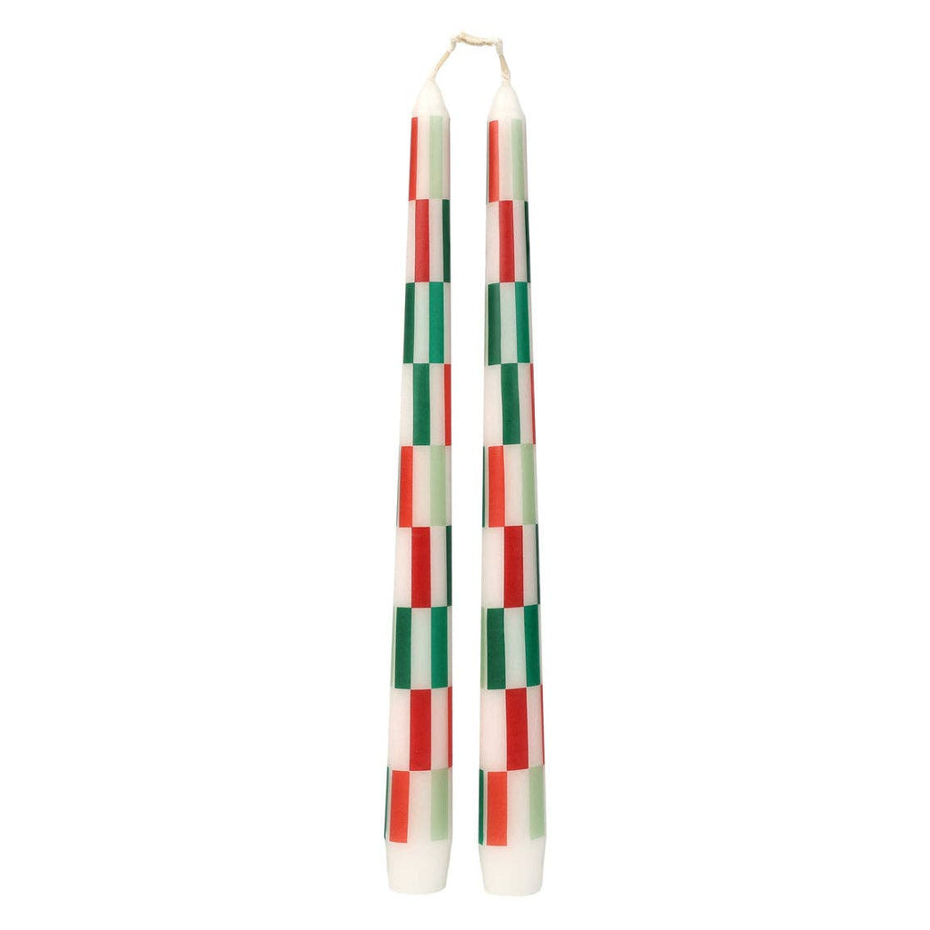 Red & Green Check Dinner Candles - 2 Pack - Christmas Candles