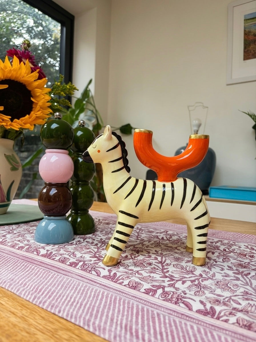 Hand-Painted Zebra Ceramic Candle Holder | Outdoor Dining Decor |