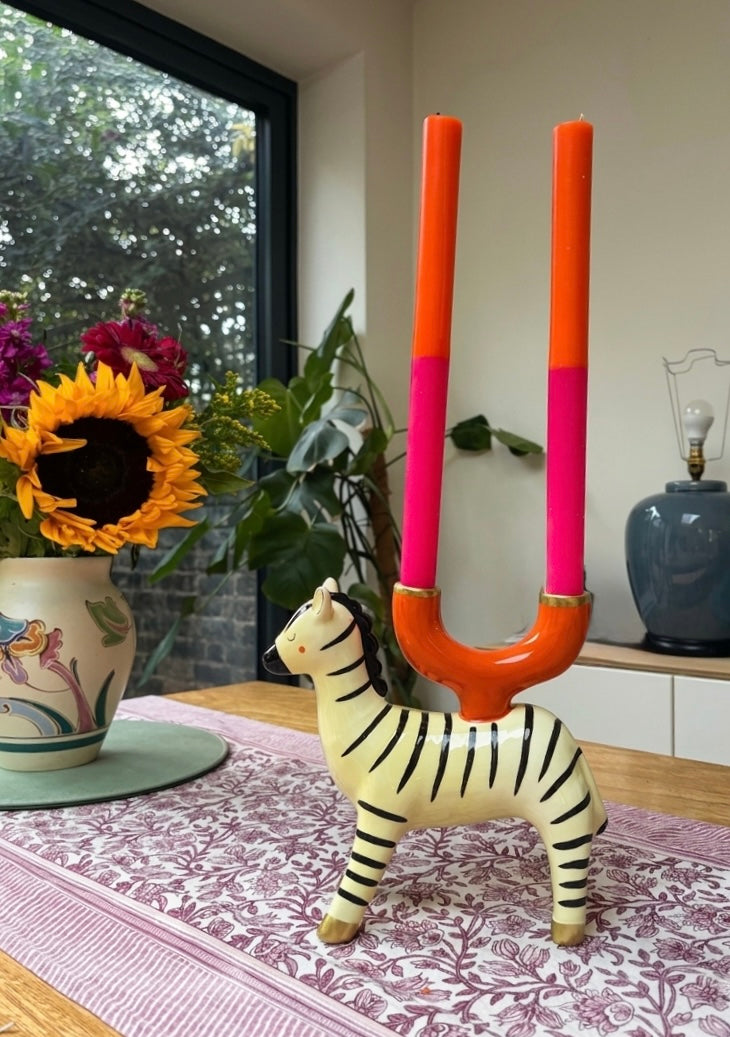 Hand-Painted Zebra Ceramic Candle Holder | Outdoor Dining Decor |
