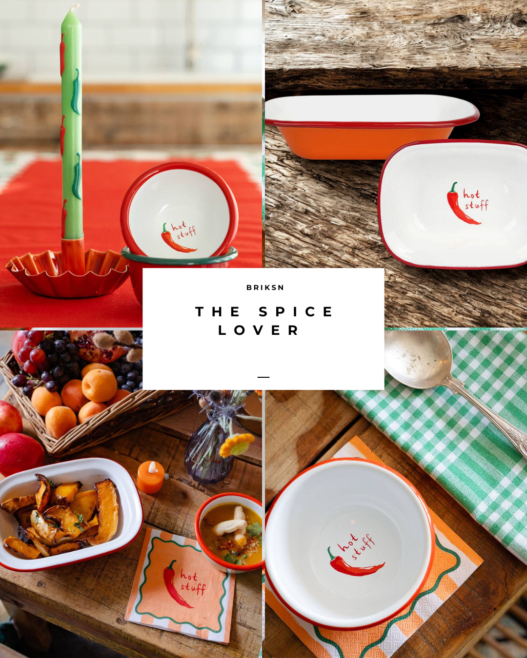 Collage of kitchenware with 'hot stuff' design, including bowls and a ladle, on a wooden surface. Perfect housewarming gifts for spice lovers. 
